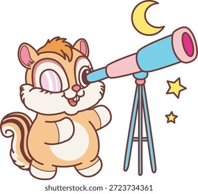 Lindo icono de pegatina de ardilla. Divertida ardilla ver la luna por telescopio