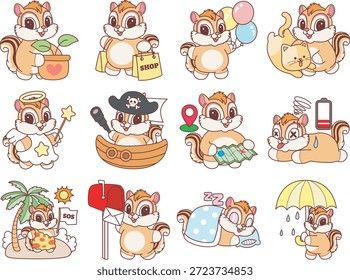 Nettes Chipmunk-Stickersymbol. Lustiger Chipmunk in der Variation von zufälligen Aktivitäten