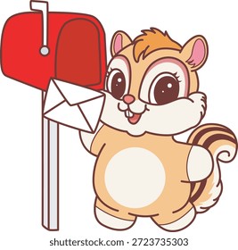 Lindo icono de pegatina de ardilla. Divertido Chipmunk enviar el mensaje por el cuadro de correo