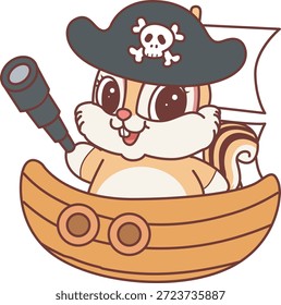 Lindo icono de pegatina de ardilla. Divertida ardilla con traje de piratas