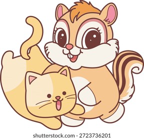 Lindo icono de pegatina de ardilla. Divertida ardilla jugando con gatito