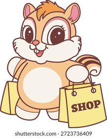 Lindo icono de pegatina de ardilla. La ardilla divertida trae una bolsa de compras