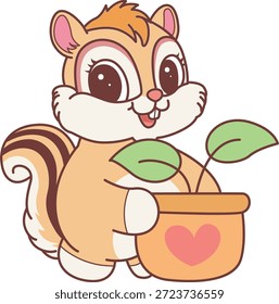 Lindo icono de pegatina de ardilla. La ardilla divertida trae una olla con hojas