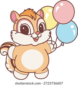 Lindo icono de pegatina de ardilla. La ardilla divertida trae tres globos