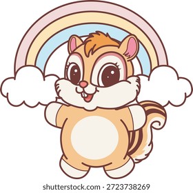 Lindo icono de pegatina de ardilla. Divertida ardilla frente al arco iris