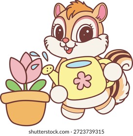 Lindo icono de pegatina de ardilla. Divertido Chipmunk regando una planta