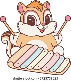 Lindo icono de pegatina de ardilla. Divertida ardilla jugando un xilófono