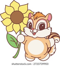 Cute Chipmunk sticker icon. Funny Chipmunk bring a sun flower 