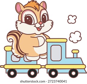 Cute Chipmunk sticker icon. Funny Chipmunk riding a train