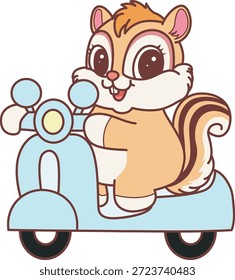 Lindo icono de pegatina de ardilla. Divertido Chipmunk montando una moto