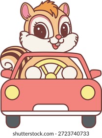 Lindo icono de pegatina de ardilla. Divertido Chipmunk conduciendo un coche