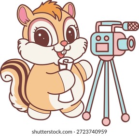 Cute Chipmunk sticker icon. Funny Chipmunk making video by camera 