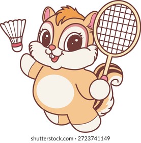 Lindo icono de pegatina de ardilla. Chipmunk divertido jugando un bádminton