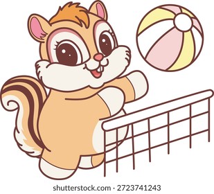 Cute Chipmunk sticker icon. Funny Chipmunk playing a volley ball