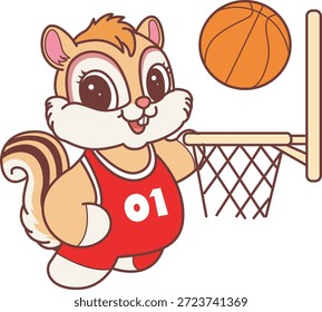 Lindo icono de pegatina de ardilla. Chipmunk divertido jugando un baloncesto