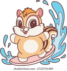 Lindo icono de pegatina de ardilla. Divertido Chipmunk jugando un surf 