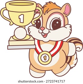 Lindo icono de pegatina de ardilla. La ardilla divertida trae un trofeo