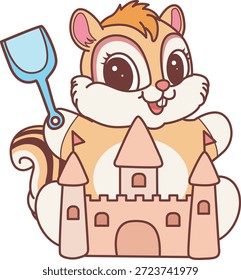 Lindo icono de pegatina de ardilla. Divertida ardilla jugando un castillo de arena 