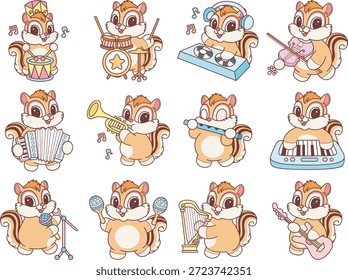 Ícone do adesivo Chipmunk bonito. Engraçado Chipmunk na variação da música e instrumento