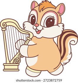 Ícone do adesivo Chipmunk bonito. Engraçado Chipmunk jogando uma harpa