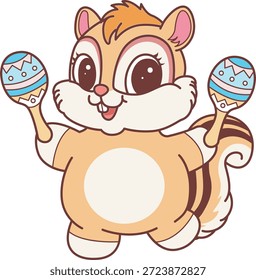 Lindo icono de pegatina de ardilla. Divertida ardilla jugando a las maracas