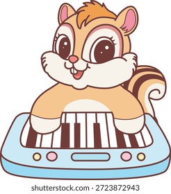 Cute Chipmunk sticker icon. Funny Chipmunk playing a piano