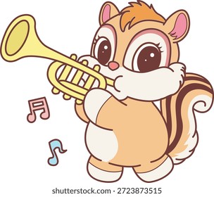 Ícone do adesivo Chipmunk bonito. Engraçado Chipmunk tocando um trompete