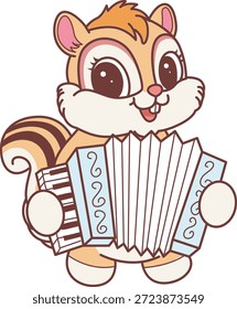 Lindo icono de pegatina de ardilla. Divertida ardilla tocando un acordeón
