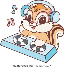 Ícone do adesivo Chipmunk bonito. Engraçado Chipmunk tocando um disco na boate