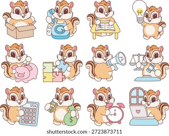 Lindo icono de pegatina de ardilla. Chipmunk divertido en la variación de dinero y finanzas