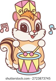 Lindo icono de pegatina de ardilla. Divertida ardilla tocando un tambor en el festival 