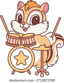 Lindo icono de pegatina de ardilla. Chipmunk divertido tocando un tambor en la banda