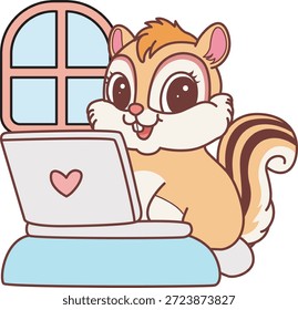 Lindo icono de pegatina de ardilla. Divertido Chipmunk escribiendo en el bloc de notas