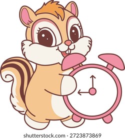 Lindo icono de pegatina de ardilla. Divertido Chipmunk trae un despertador