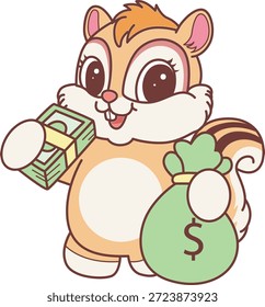 Lindo icono de pegatina de ardilla. La ardilla graciosa trae mucho dinero