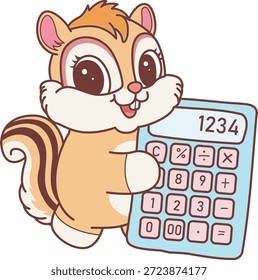 Lindo icono de pegatina de ardilla. Graciosa ardilla traer una calculadora