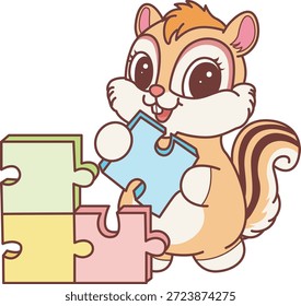 Cute Chipmunk sticker icon. Funny Chipmunk playing a puzzle