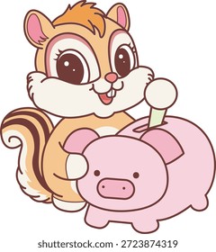 Lindo icono de pegatina de ardilla. Divertida ardilla ahorrando dinero en la hucha
