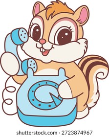 Lindo icono de pegatina de ardilla. Gracioso Chipmunk llamando por teléfono