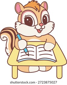 Lindo icono de pegatina de ardilla. Gracioso Chipmunk escribiendo en la mesa 