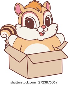 Lindo icono de pegatina de ardilla. Graciosa ardilla pegada en la caja 