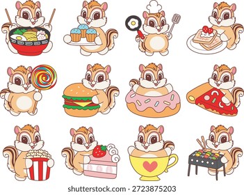 Ícone do adesivo Chipmunk bonito. Engraçado Esquilos na variação de fast food e sobremesa 