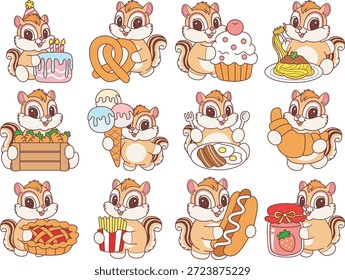 Lindo icono de pegatina de ardilla. Chipmunk divertido en la variación de la comida chatarra y el tiempo de aperitivo