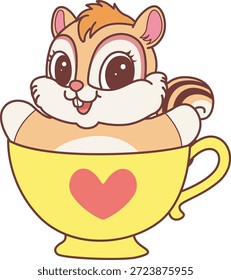Lindo icono de pegatina de ardilla. Divertida ardilla atrapada en el té del amor 