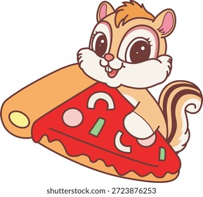 Lindo icono de pegatina de ardilla. Divertida ardilla traer una pizza 