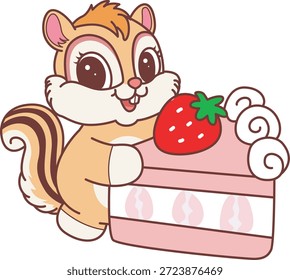 Cute Chipmunk sticker icon. Funny Chipmunk bring a strawberry cake