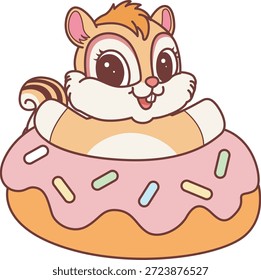 Lindo icono de pegatina de ardilla. Graciosa ardilla atascada en la rosquilla