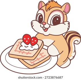 Lindo icono de pegatina de ardilla. La ardilla divertida trae un pan de fresa