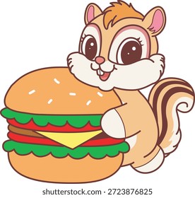 Lindo icono de pegatina de ardilla. Graciosa ardilla traer una hamburguesa