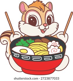 Lindo icono de pegatina de ardilla. Divertida ardilla quiere comer ramen